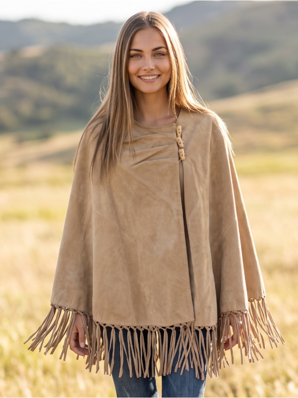 🌻Vintage Terry Lewis Suede Leather Fringe Cape Boho Western Hippie Festival